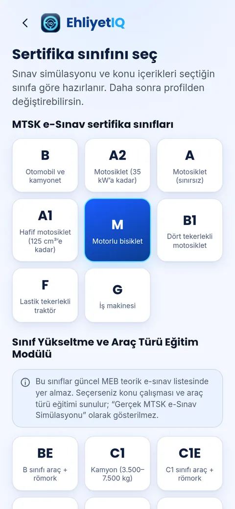 EhliyetIQ sertifika sınıfı seçimi