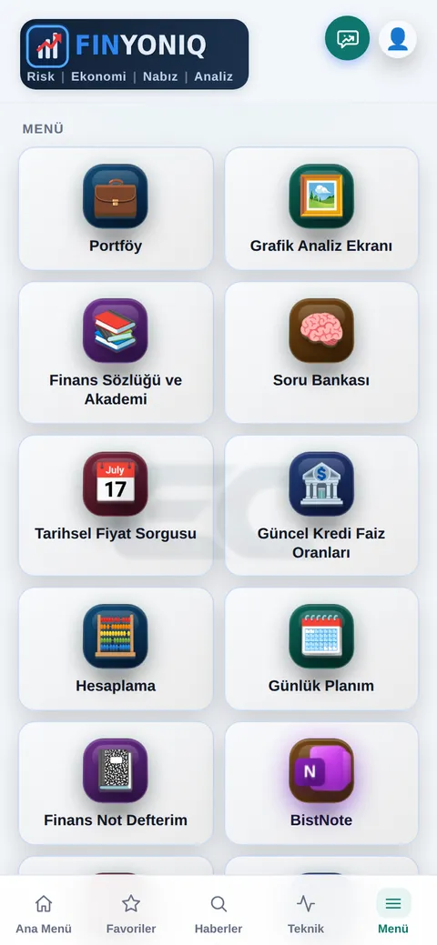 FINYONIQ menü ekranı