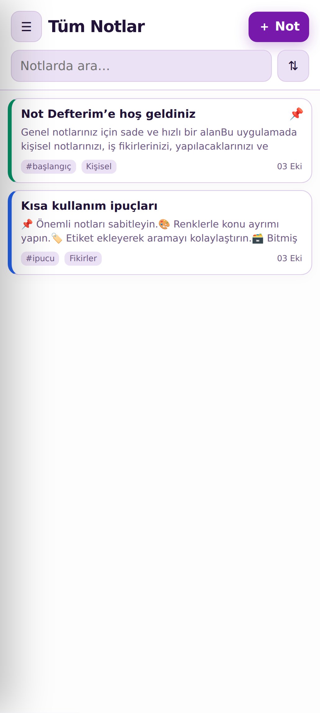 Not Defterim not listesi